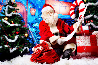 Картинка праздничные дед мороз подарки мешок коробки ёлка