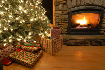 обоя праздничные, новогодний, очаг, елка, подарки, новый, год