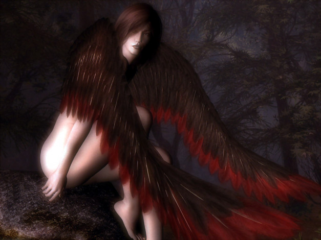 Обои картинки фото ангел, 3д, графика, angel, крылья, девушка, камень, лес