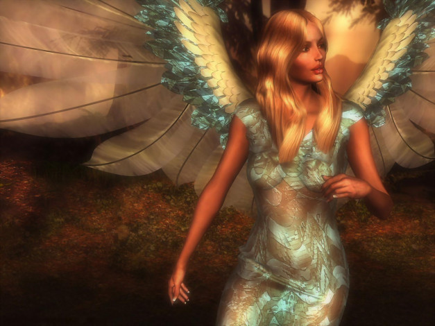 Обои картинки фото ангел, 3д, графика, angel, платье, блондинка, крылья