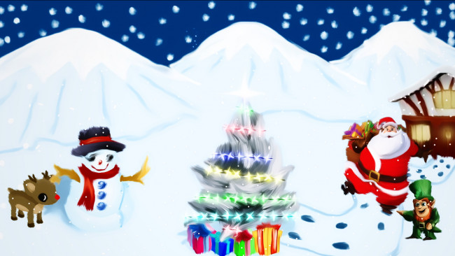 Обои картинки фото праздничные, векторная, графика, новый, год, снеговик, елка, дед, мороз