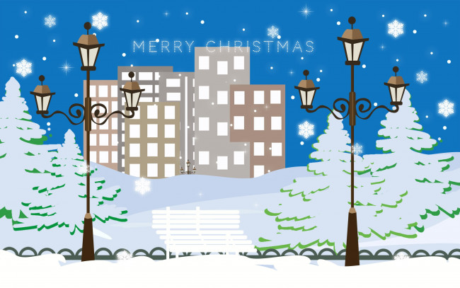 Обои картинки фото merry, christmas, праздничные, векторная, графика, новый, год, город, улица, здания, фонари, зима