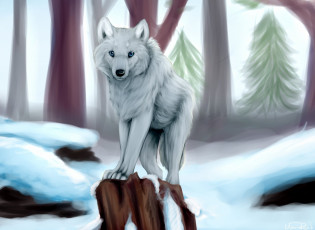 обоя рисованные, животные,  волки, снег, лес, волк