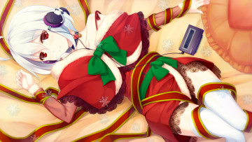 Картинка by+pinkarage аниме -merry+chrismas+&+winter костюм кровать подушка ленты накидка наушники плеер девушка