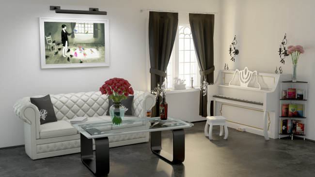 Обои картинки фото 3д графика, realism , реализм, стул, стол, диван, цветы, картина, пианино, окно