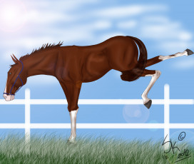 Картинка рисованное животные +лошади забор лошадь