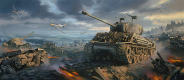 Картинка рисованное армия movie fury painting art war p-51 mustang ww2 sherman tank