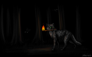 Картинка рисованное животные +сказочные +мифические факел взгляд фон кот