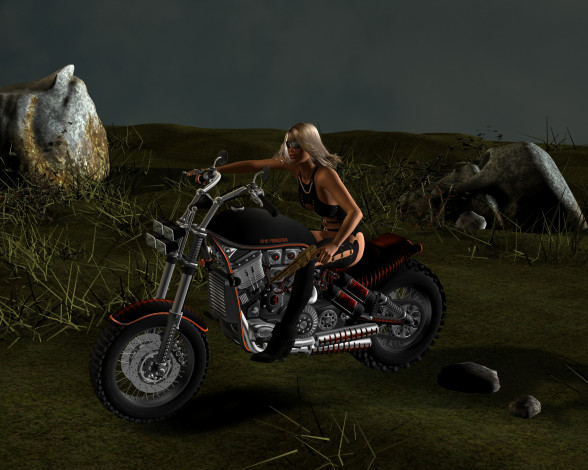 Обои картинки фото мотоциклы, 3d, взгляд, девушка, оружие, мотоцикл, фон