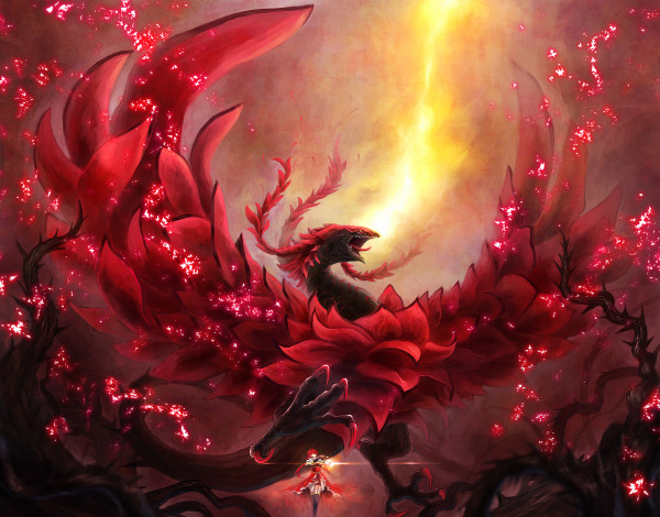 Обои картинки фото аниме, животные,  существа, крылья, огонь, пламя, izayoi, aki, black, rose, dragon, yu-gi-oh, дракон, девушка, арт, van, ken003, красный