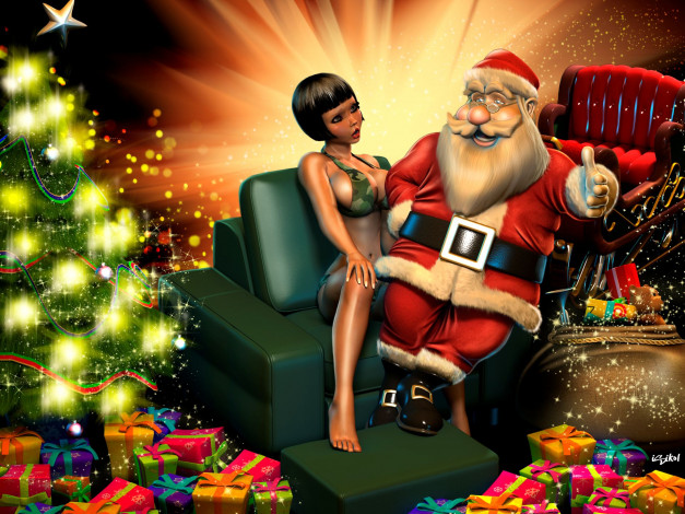 Обои картинки фото 3д графика, праздники , holidays, кресло, девушка, украшение, ель, подарки, санта, клаус