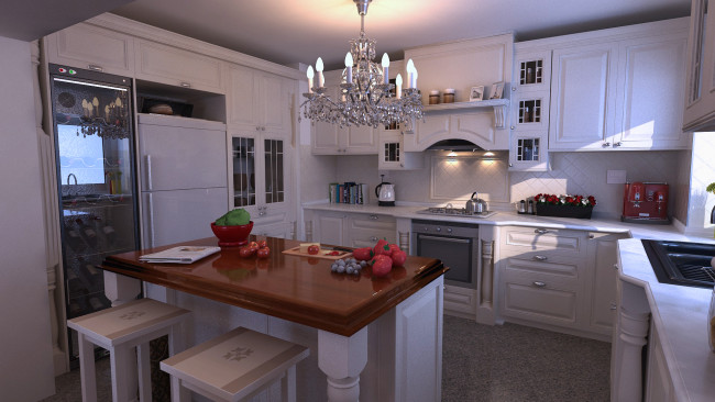 Обои картинки фото 3д графика, реализм , realism, кухня, фрукты, овощи, стулья, стол