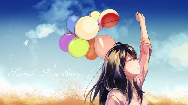 Обои картинки фото аниме, idolm@ster, воздушные, облака, шары, небо, шатенка, арт, девушка, artist, tagme