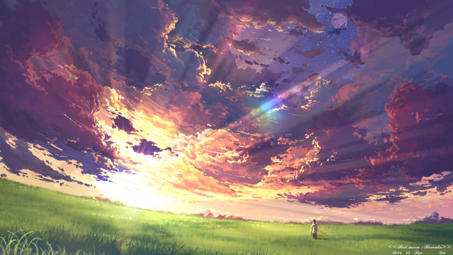 Обои картинки фото аниме, unknown,  другое, облака, солнце, лучи, парень, закат, поле, арт, yuuko-san