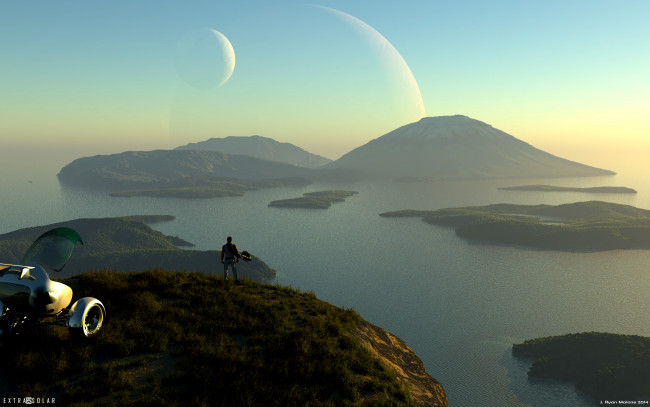 Обои картинки фото 3д графика, фантазия , fantasy, небо, пейзаж, вода, озеро, планеты, горы, фантастика