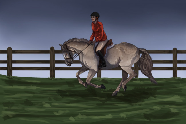 Обои картинки фото рисованное, животные,  лошади, лошадь, забор, соревнования, всадник