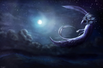 Картинка фэнтези существа крылья существо фантастика арт луна небо ночь полет