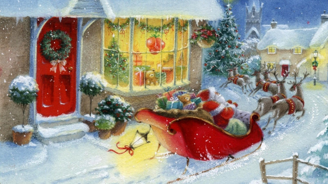 Обои картинки фото праздничные, рисованные, дома, улица, санта, клаус, олени, сани, фонарь, мешок, подарки, снег