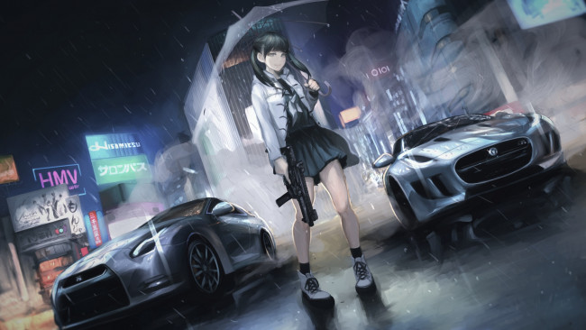 Обои картинки фото terabyte , rook777, аниме, оружие,  техника,  технологии, девушка, ночь, арт, машины, зонт, дождь, город, автомобили