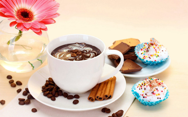 Обои картинки фото еда, кофе,  кофейные зёрна, шоколад, корица, гербера, кексы