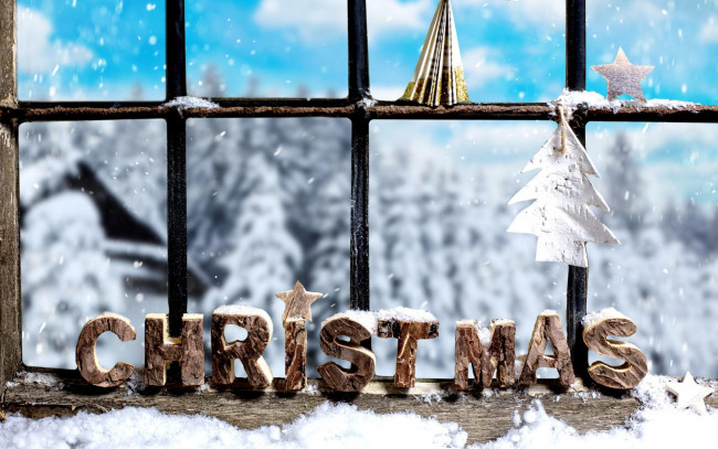 Обои картинки фото праздничные, - разное , новый год, снег, фигурки, окно, надпись, буквы