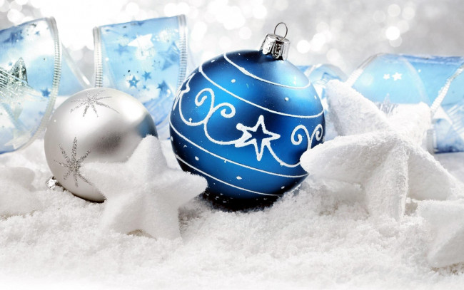 Обои картинки фото праздничные, шары, снег, лента, звезды