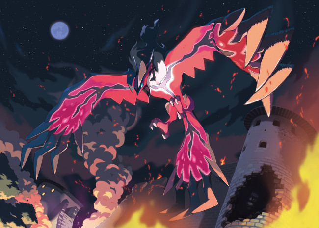 Обои картинки фото аниме, pokemon, yveltal, oomura, yuusuke, арт, замок, пламя, разрушения, птица, ночь, небо