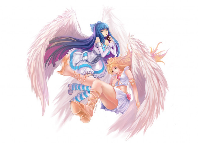 Обои картинки фото аниме, panty & stocking with garterbelt, крылья, белый, фон, сердечки, девушки