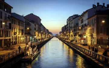 Картинка города милан+ италия набережная река вечер