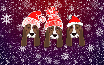 Картинка праздничные векторная+графика+ новый+год рождество снег фон настроение праздник 2018 год собаки морды минимализм зима шапки новый