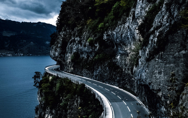 Обои картинки фото природа, дороги, шоссе, дорога, гора, озеро