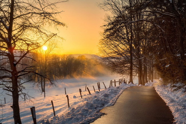 Обои картинки фото природа, дороги, дорожка, закат, снег, зима, фото, деревья, frank, delargy