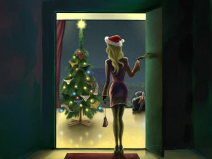 Картинка рисованное люди девушка дверь ёлка трусики мужчина