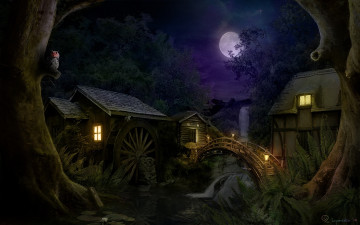 Картинка 3д графика realism реализм дерево дом фонарь луна мост