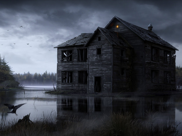 Обои картинки фото 3д, графика, architecture, архитектура, деревянный, дом, вода, болото, ворона, птицы, свет, мрачность, руины
