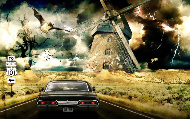 Обои картинки фото рисованные, авто, мото, молния, летучая, мышь, мельница, автомобиль