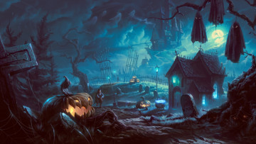 Картинка фэнтези призраки праздник helloween тыквы кладбище привидения