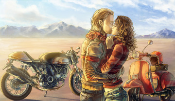 Картинка рисованные люди пара мотоцикл