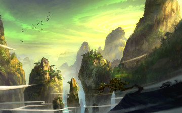 Картинка фэнтези пейзажи горы скалы деревья птицы дымка небо