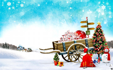 обоя праздничные, - разное , новый год, подарки, ёлка, мешок, снежинки, снеговик, повозка, дома, снег