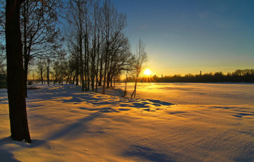 Картинка природа зима снег закат деревья