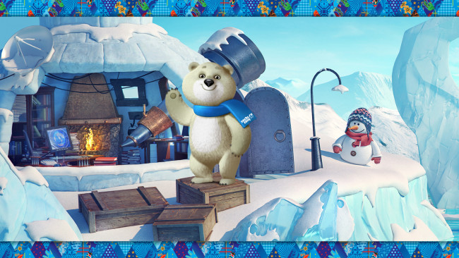 Обои картинки фото рисованные, - другое, медведь, дверь, ящики, снеговик, дом, снег, сочи, олимпиада, белый, антенна