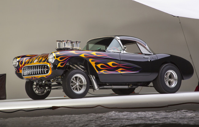 Обои картинки фото автомобили, hotrod, dragster, chevrolet, corvette, gasser, flamed, studio, photo