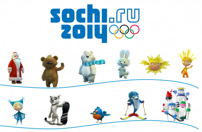 Обои картинки фото спорт, логотипы турниров, олимпиада, сочи, символы, кольца, звери, медведь, заяц, дельфин, леопард, лучик, снежинка, кегли, дед, мороз, солнышко, птица