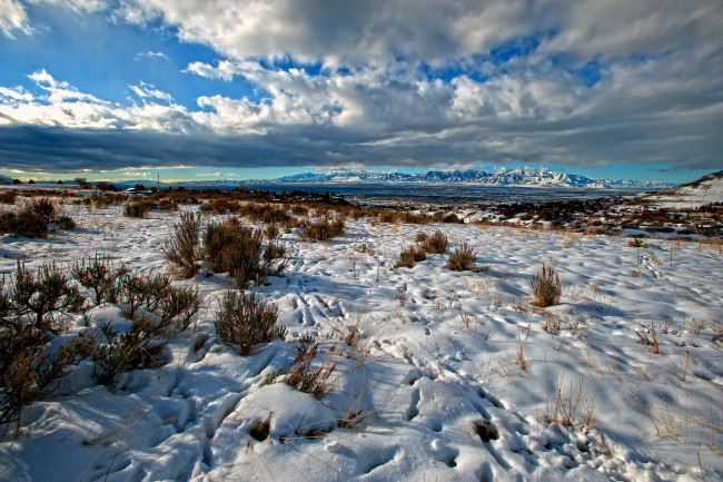 Обои картинки фото природа, зима, поле, трава, снег, горизонт, горы, облака