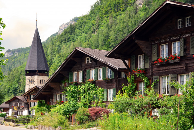 Обои картинки фото meiringen,  switzerland, города, - здания,  дома, цветы, швейцария, дома, горы, трава