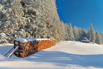Картинка природа зима день солнце снег поленница татры