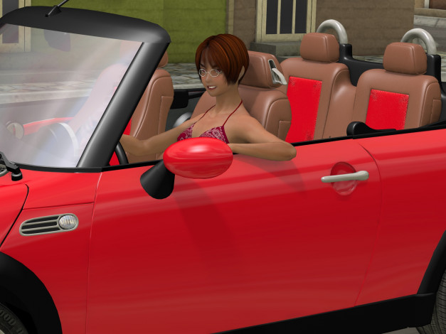 Обои картинки фото автомобили, 3d car&girl, автомобиль, фон, взгляд, девушка