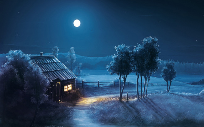 Обои картинки фото рисованное, живопись, trees, light, blue, forest, window, door, house, night, stars, moon, road, fence, path, scenery