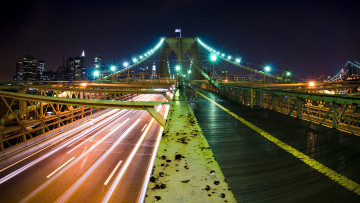 Картинка города нью-йорк+ сша здания дома траффик огни ночь мост движение
